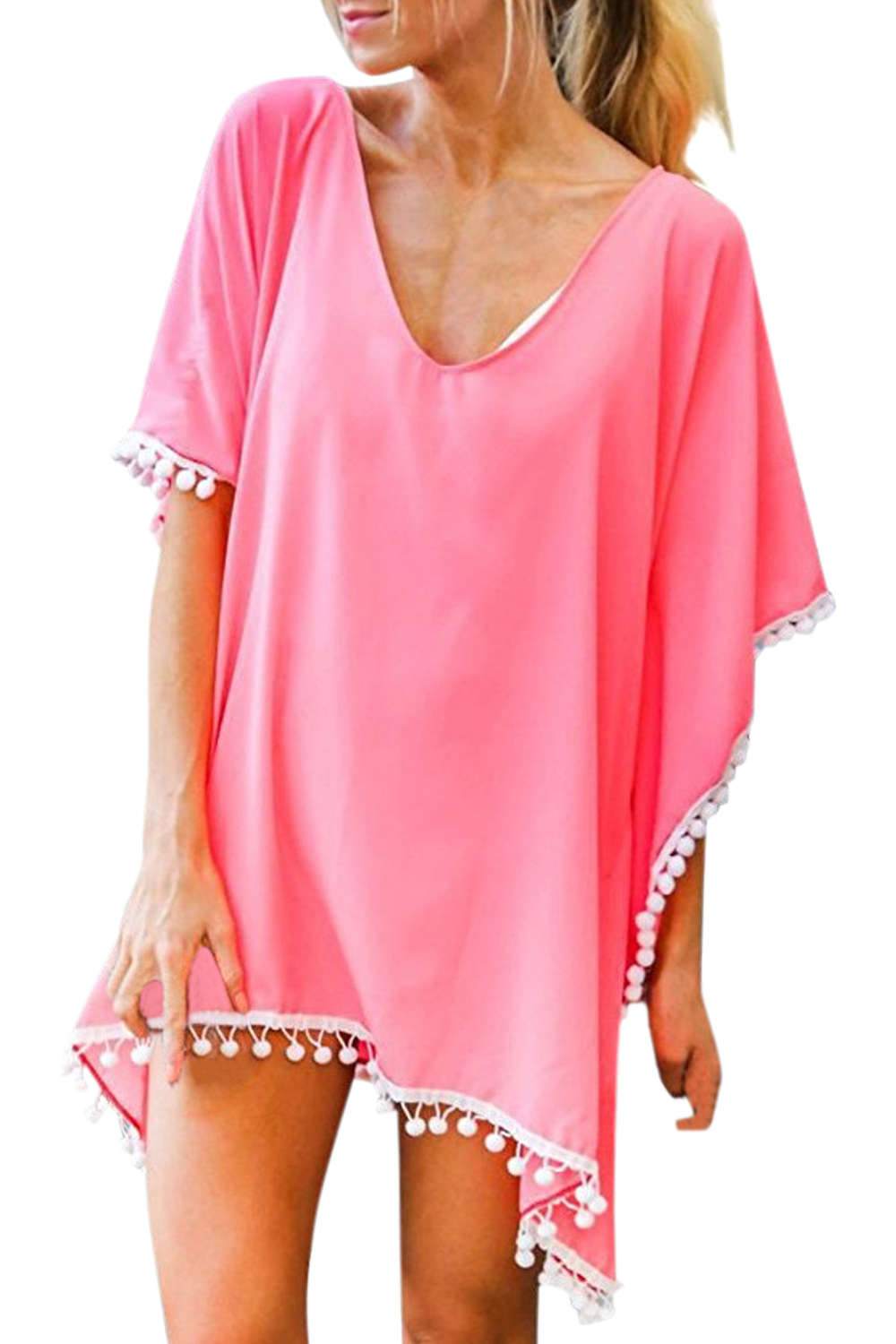 Iyasson V-neck Tassel Kaftan Chiffon Swim Cover-Up Dress