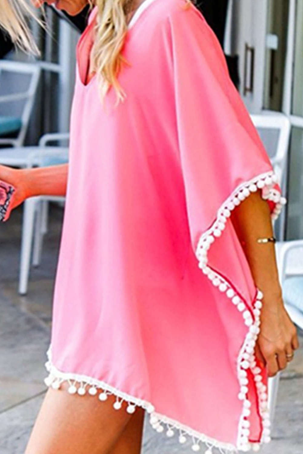 Iyasson V-neck Tassel Kaftan Chiffon Swim Cover-Up Dress