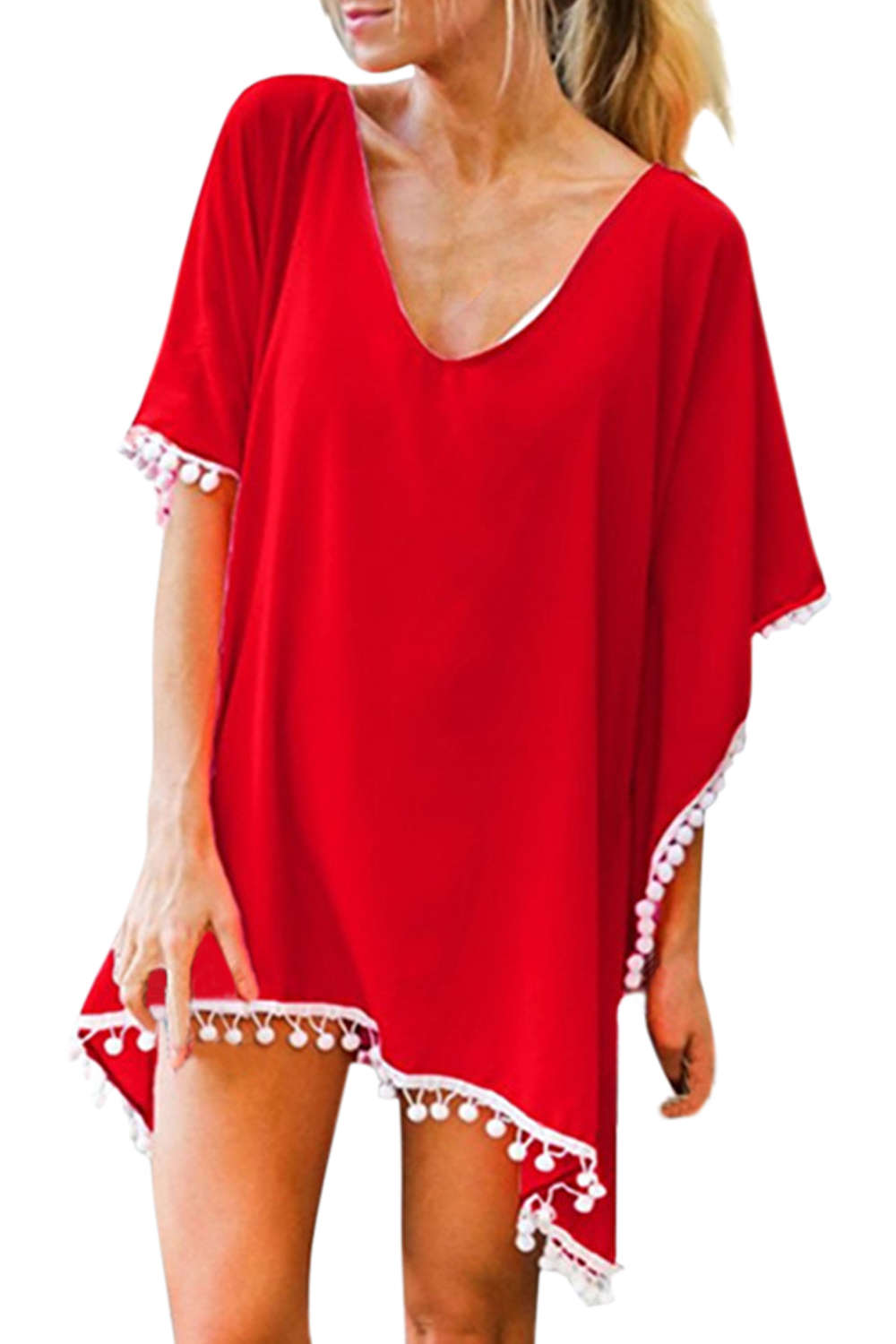 Iyasson V-neck Tassel Kaftan Chiffon Swim Cover-Up Dress