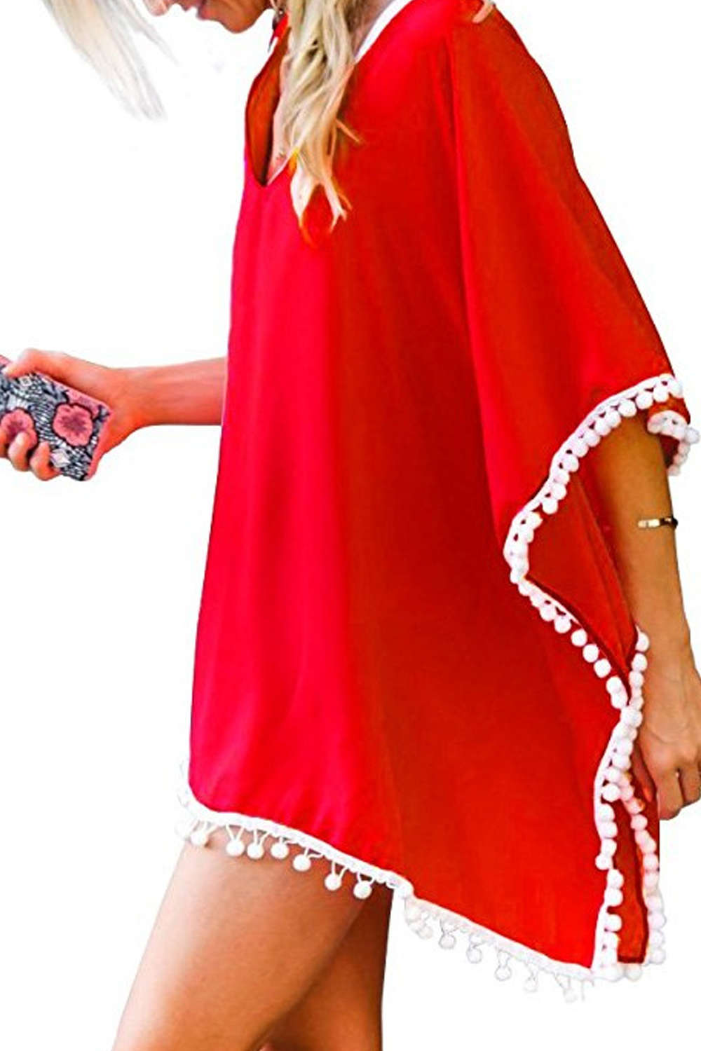 Iyasson V-neck Tassel Kaftan Chiffon Swim Cover-Up Dress