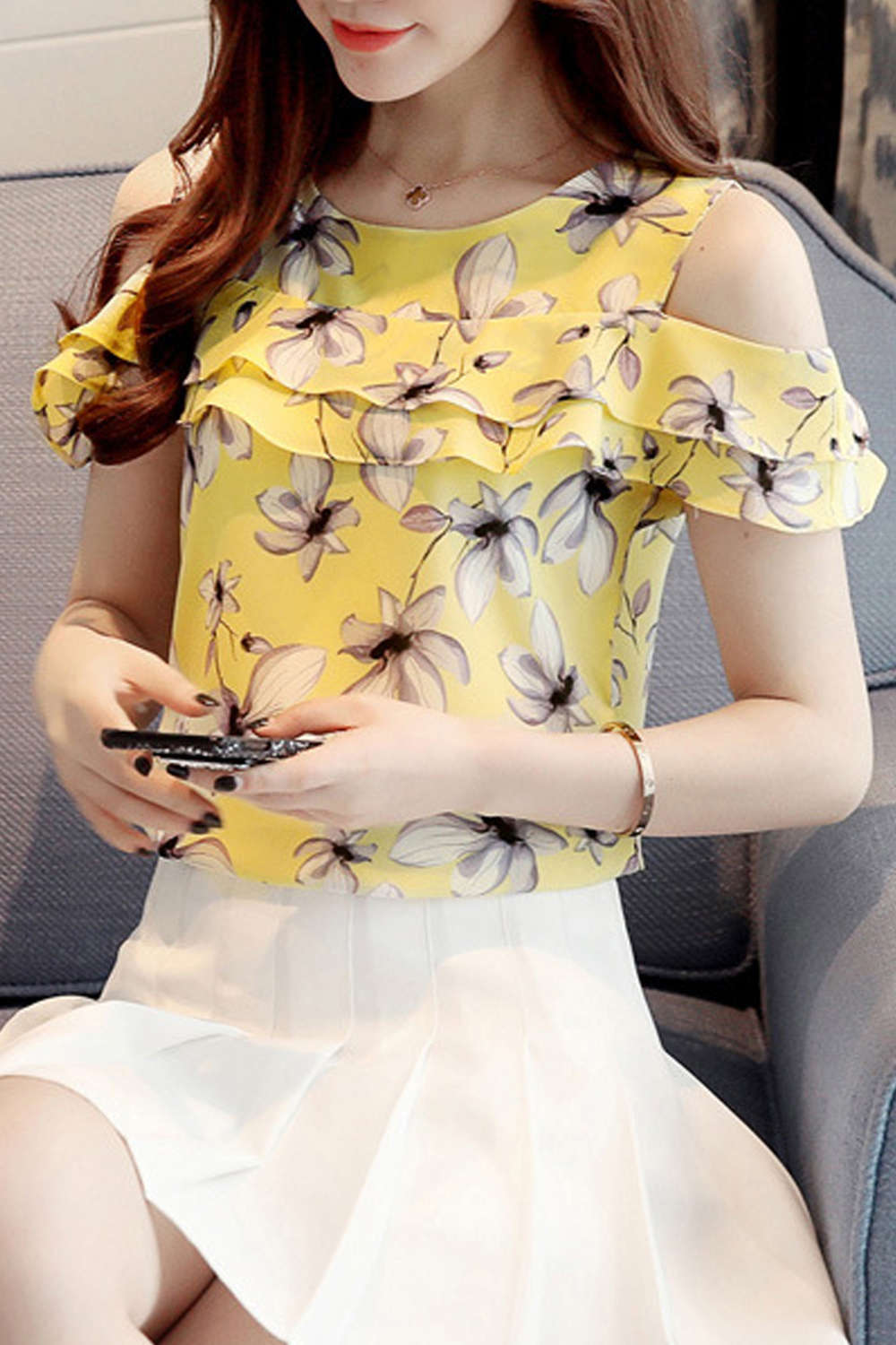 Iyasson Casual Floral Print Chiffon Blouses Top