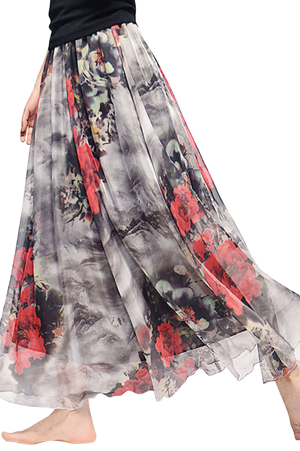 Iyasson Floral Printing Boho Style Maxi Skirt