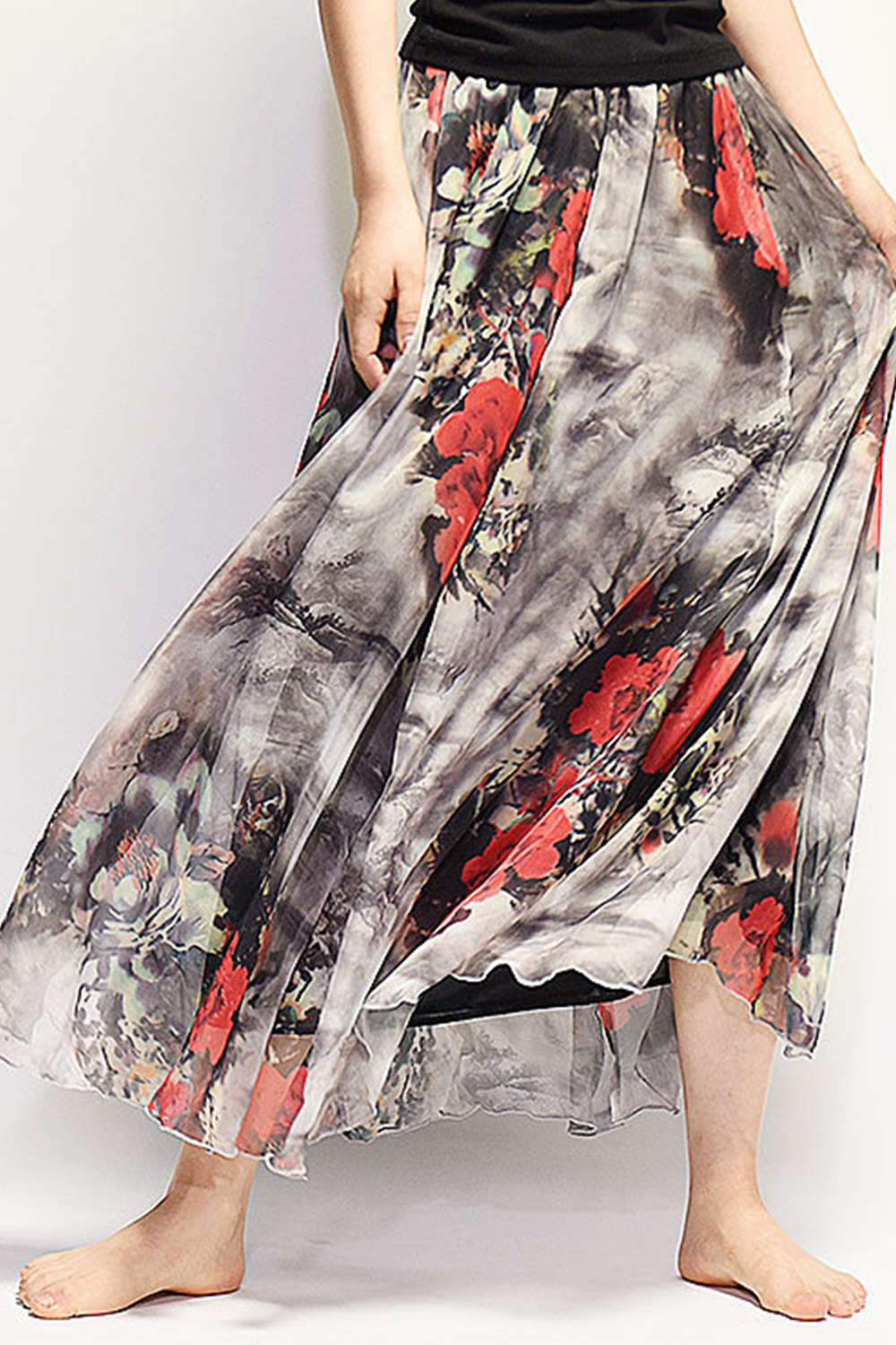 Iyasson Floral Printing Boho Style Maxi Skirt