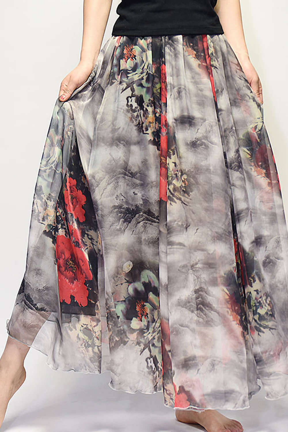 Iyasson Floral Printing Boho Style Maxi Skirt