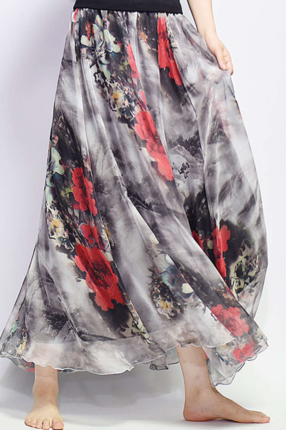 Iyasson Floral Printing Boho Style Maxi Skirt