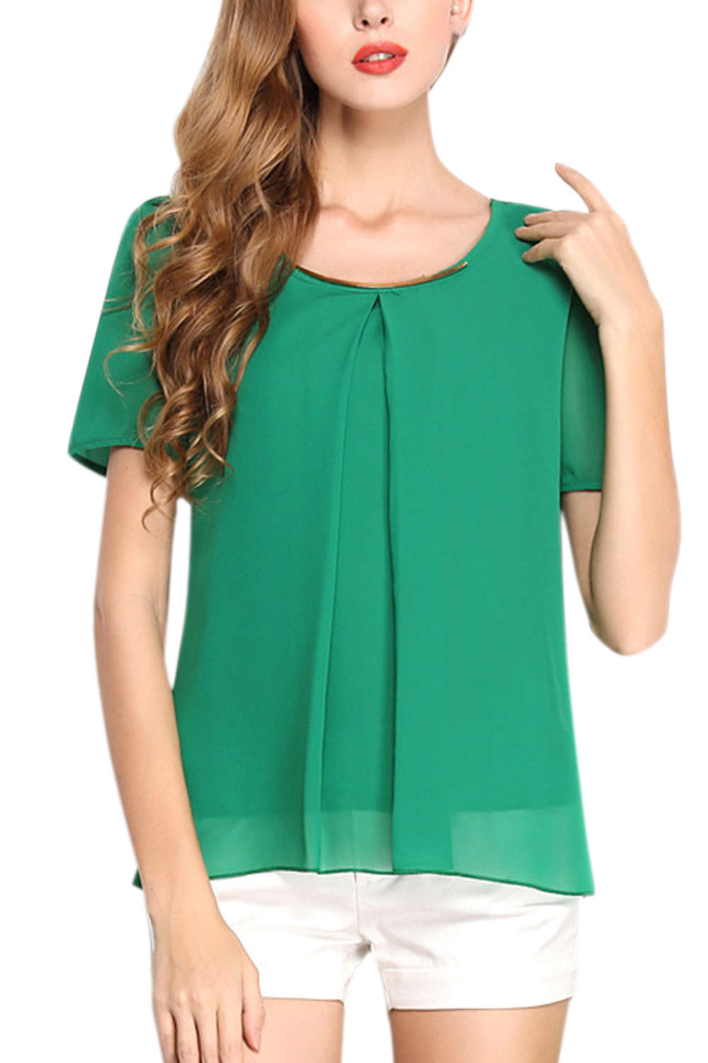 Iyasson Chiffon Solid Short Sleeve Hem Blouse