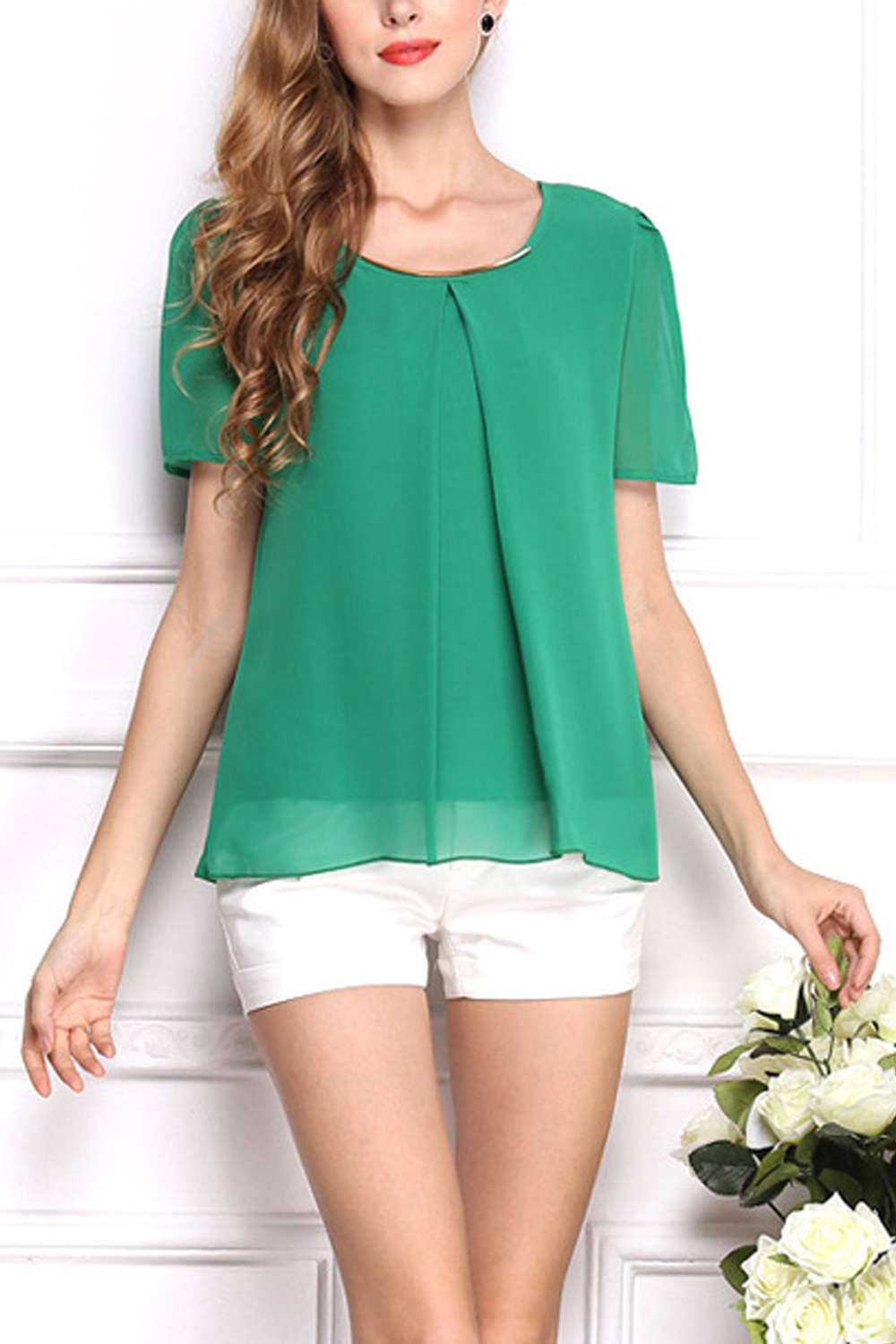 Iyasson Chiffon Solid Short Sleeve Hem Blouse