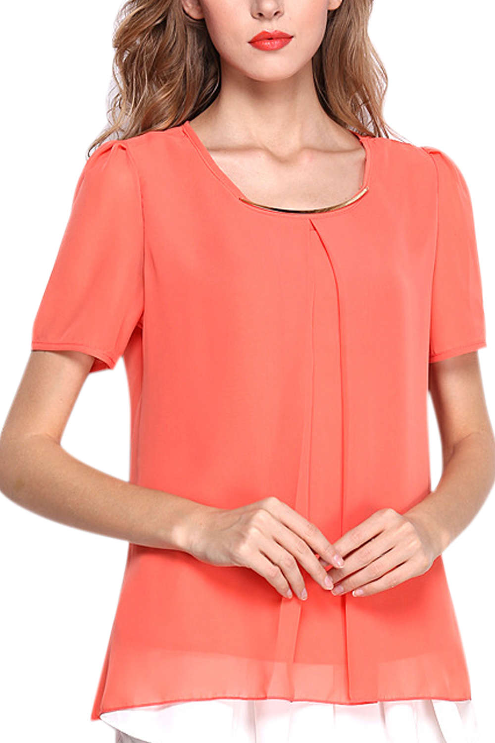 Iyasson Chiffon Solid Short Sleeve Hem Blouse