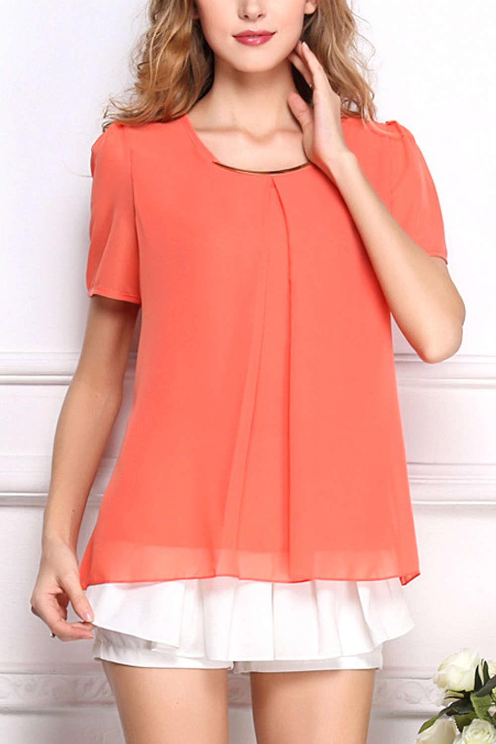 Iyasson Chiffon Solid Short Sleeve Hem Blouse