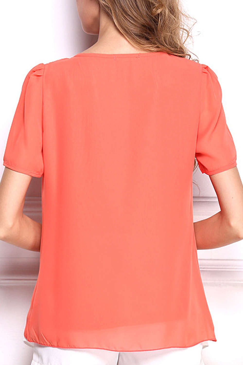 Iyasson Chiffon Solid Short Sleeve Hem Blouse