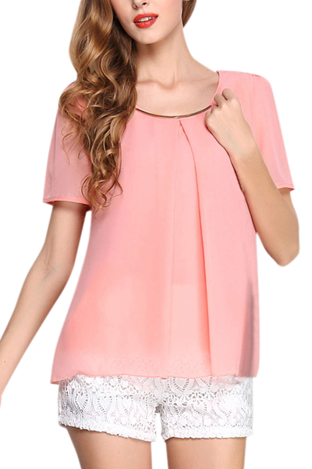 Iyasson Chiffon Solid Short Sleeve Hem Blouse