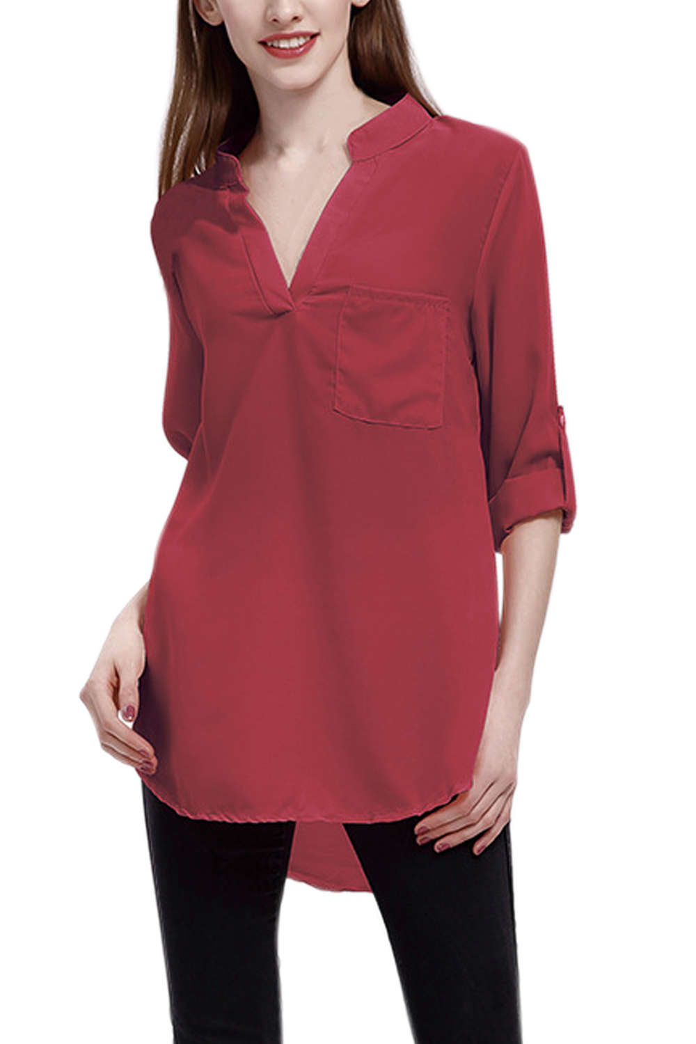 Iyasson V-neck long Sleeve Pocket Loose Chiffon Shirt