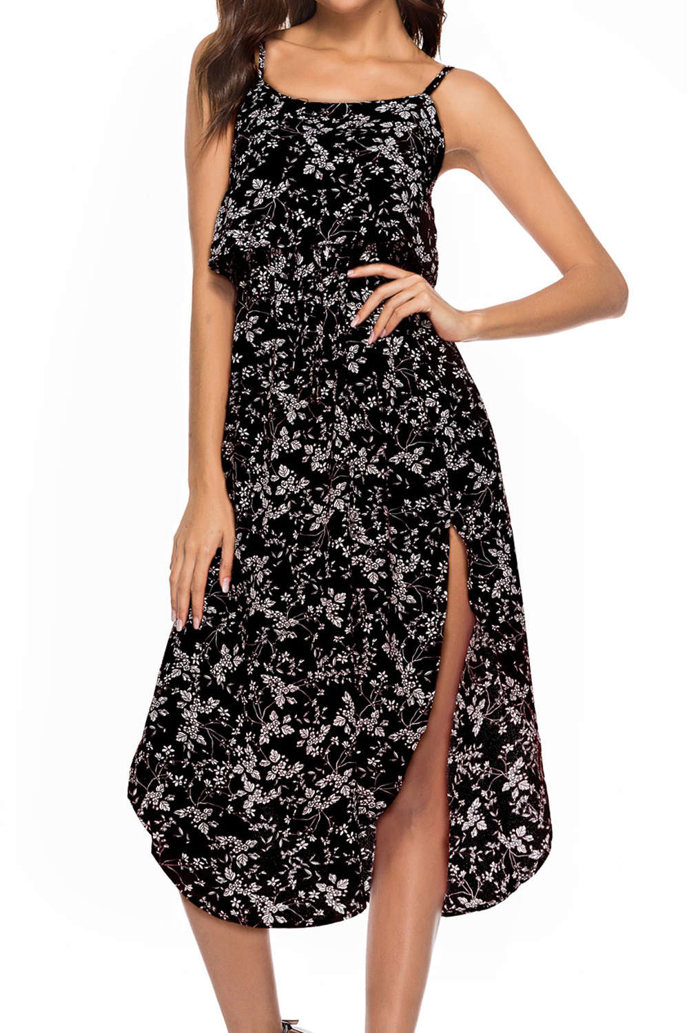 Iyasson Tie Waist Split Hem Chiffon Floral Midi Dresses