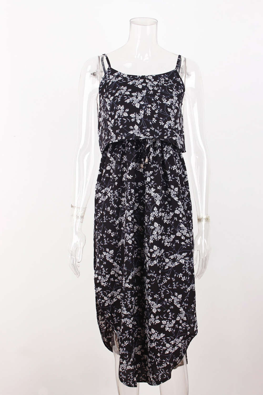 Iyasson Tie Waist Split Hem Chiffon Floral Midi Dresses