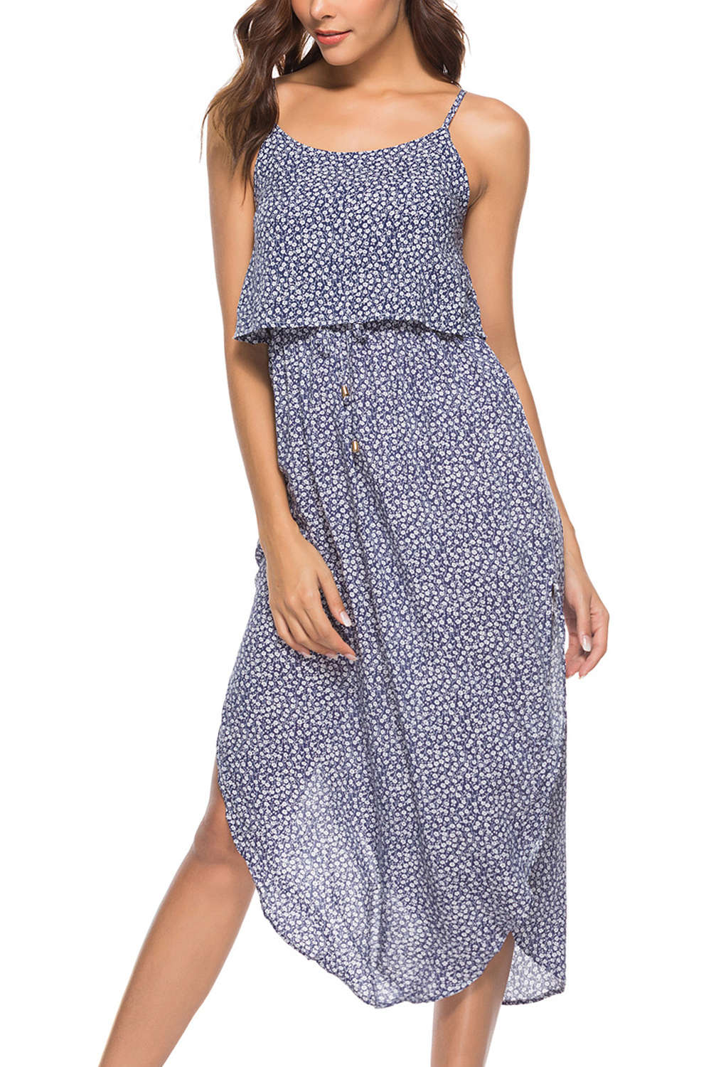 Iyasson Tie Waist Split Hem Chiffon Floral Midi Dresses