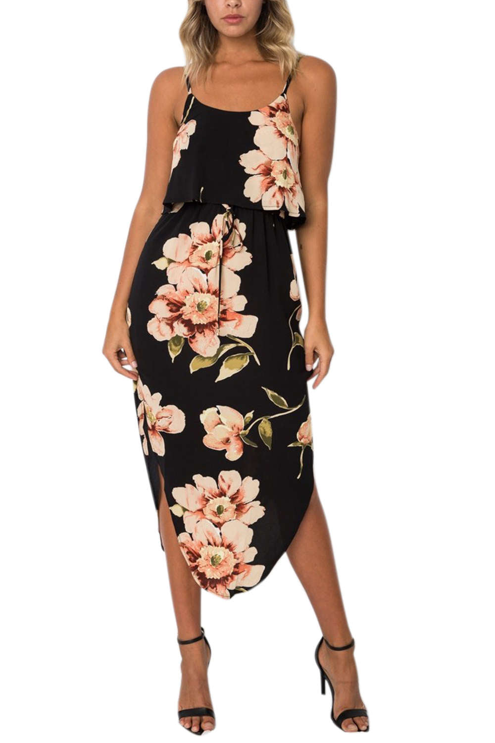 Iyasson Tie Waist Split Hem Chiffon Floral Midi Dresses