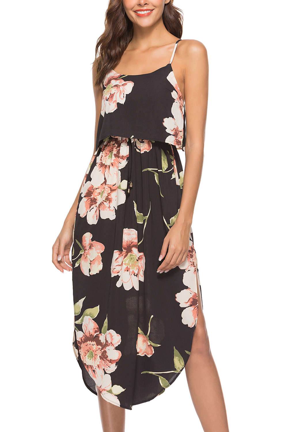 Iyasson Tie Waist Split Hem Chiffon Floral Midi Dresses