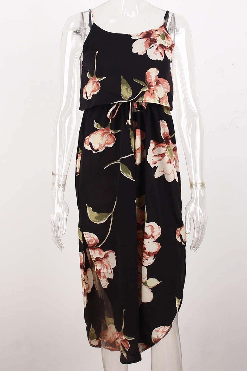 Iyasson Tie Waist Split Hem Chiffon Floral Midi Dresses