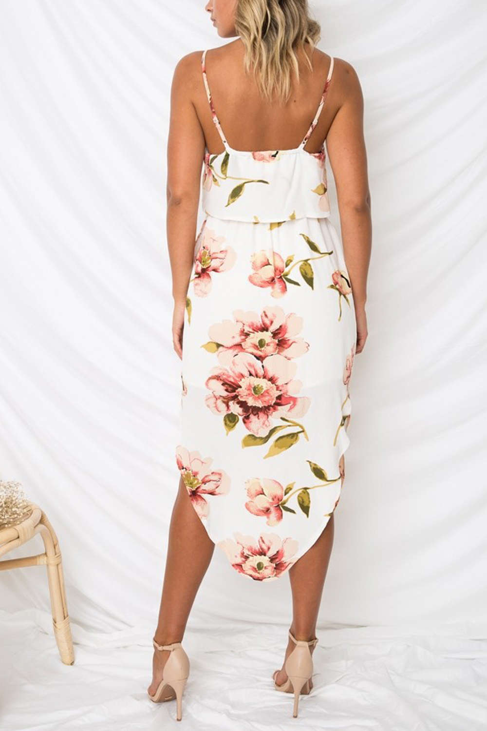 Iyasson Tie Waist Split Hem Chiffon Floral Midi Dresses