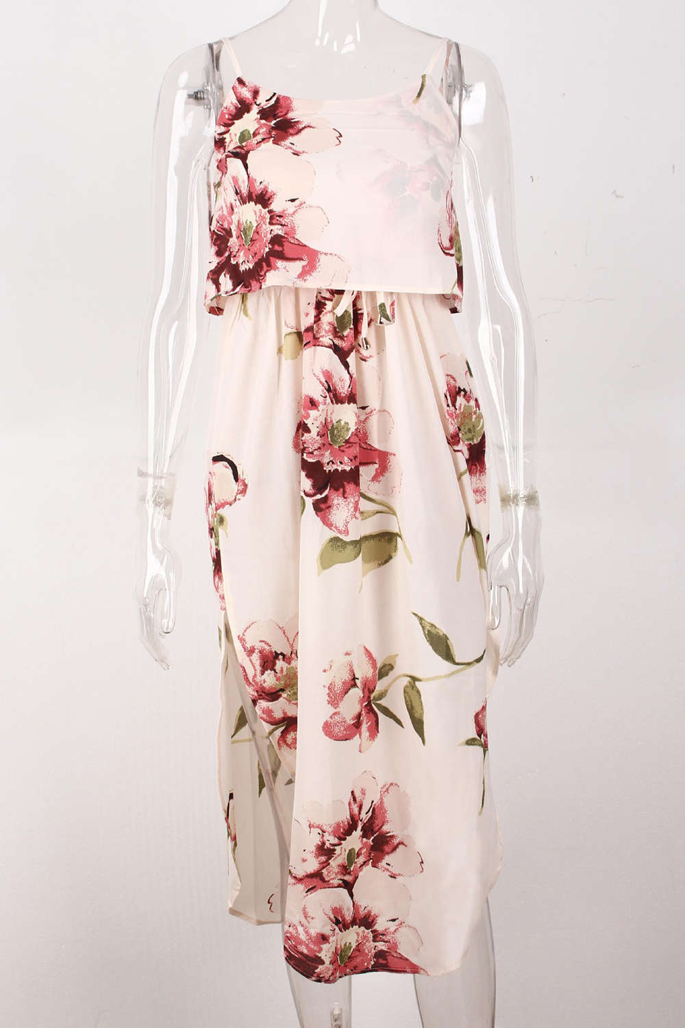 Iyasson Tie Waist Split Hem Chiffon Floral Midi Dresses