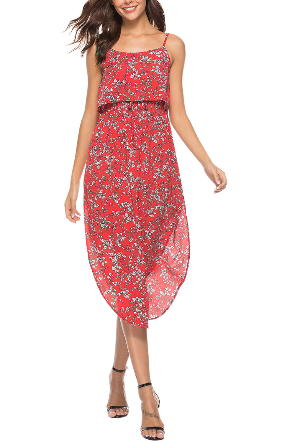 Iyasson Tie Waist Split Hem Chiffon Floral Midi Dresses