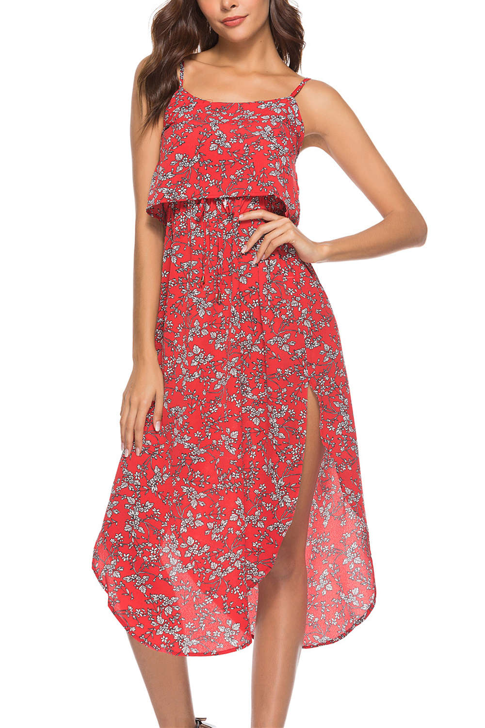 Iyasson Tie Waist Split Hem Chiffon Floral Midi Dresses