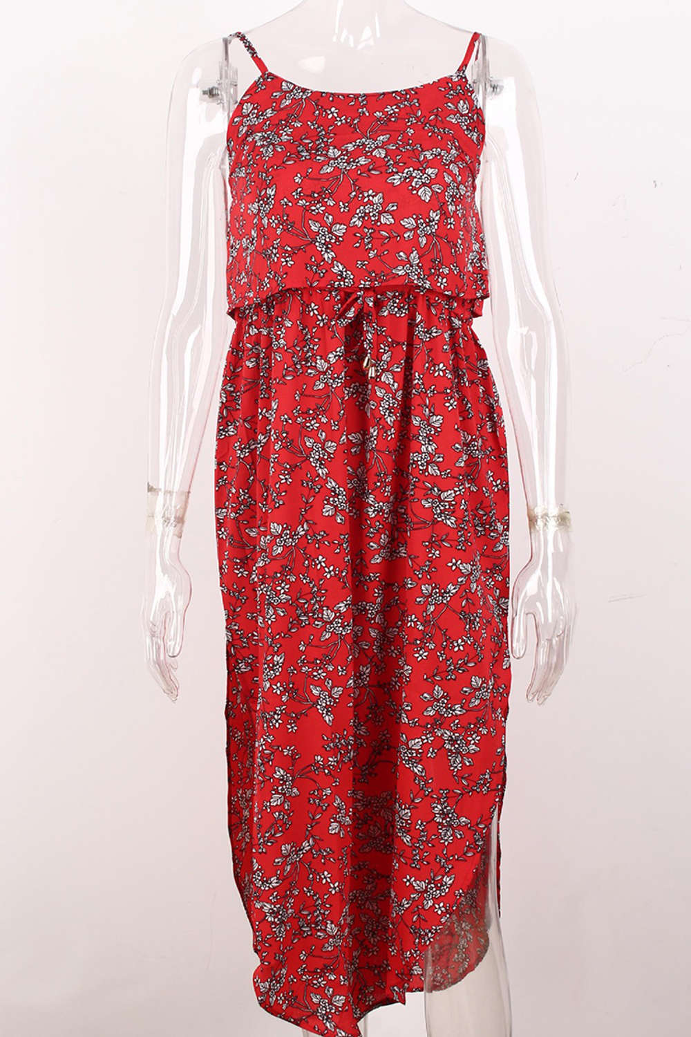 Iyasson Tie Waist Split Hem Chiffon Floral Midi Dresses