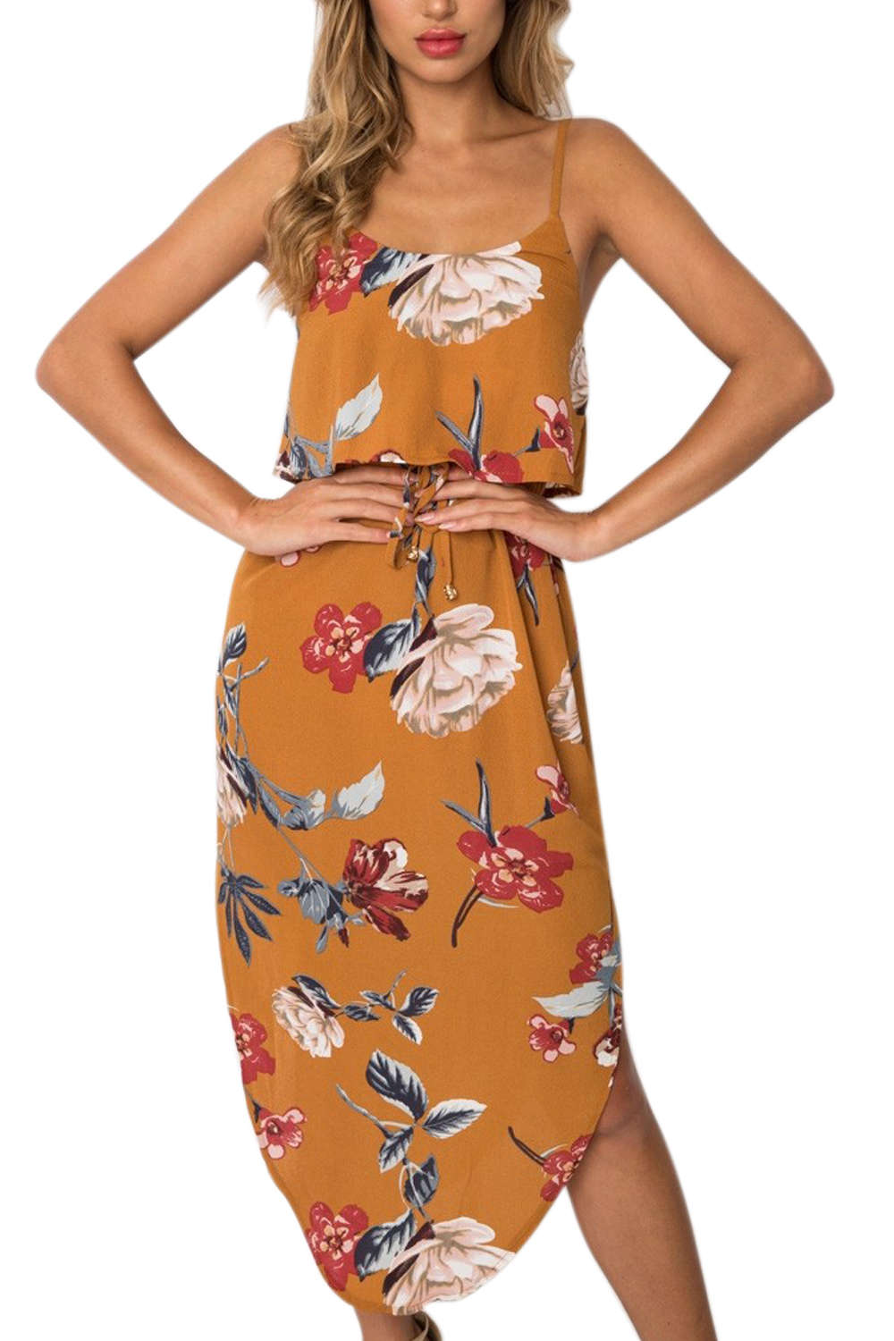 Iyasson Tie Waist Split Hem Chiffon Floral Midi Dresses