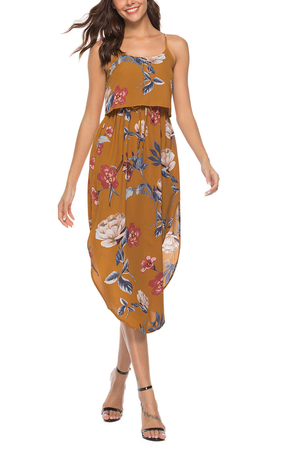 Iyasson Tie Waist Split Hem Chiffon Floral Midi Dresses