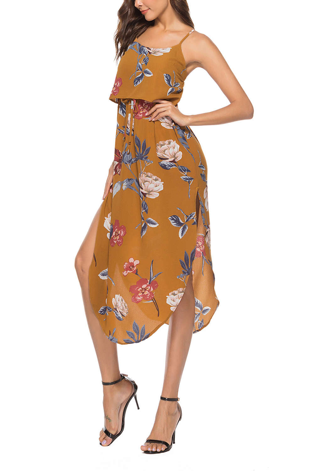 Iyasson Tie Waist Split Hem Chiffon Floral Midi Dresses