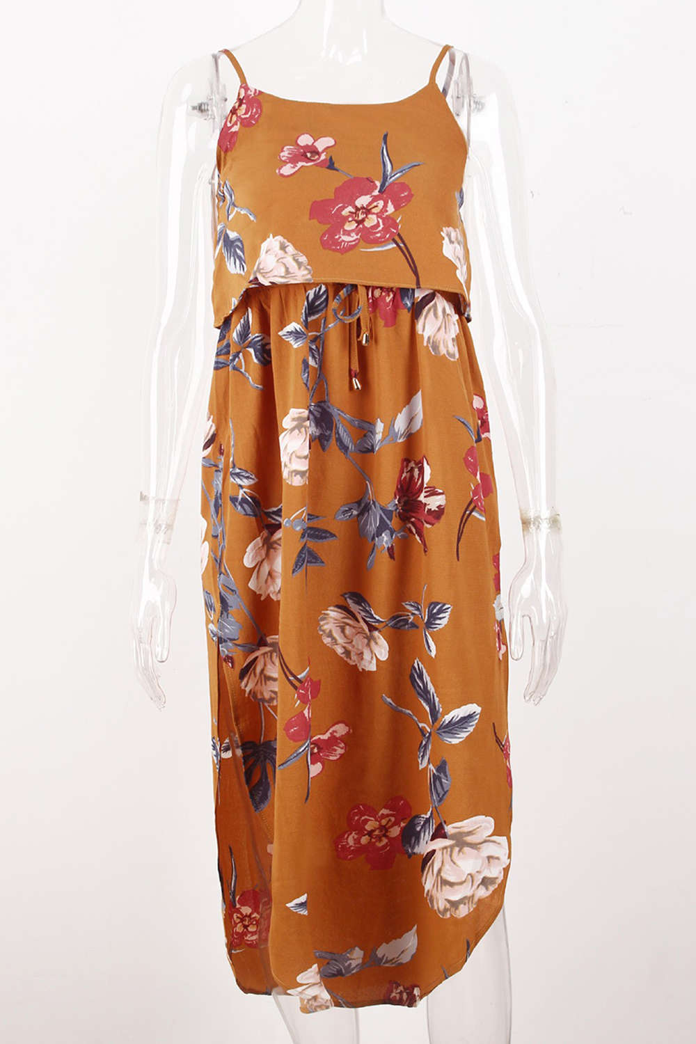 Iyasson Tie Waist Split Hem Chiffon Floral Midi Dresses