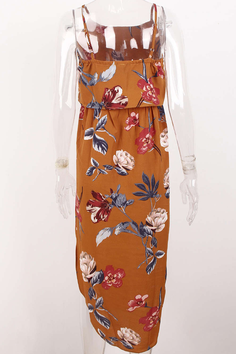 Iyasson Tie Waist Split Hem Chiffon Floral Midi Dresses