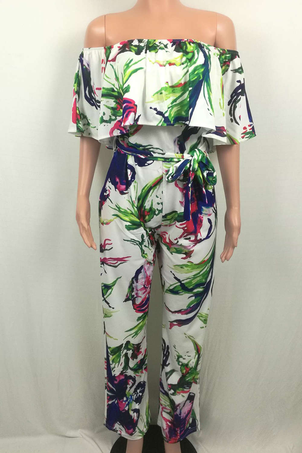 Iyasson Women Off-the-Shoulder High Waist Wide-Leg Floral Jumpsuit