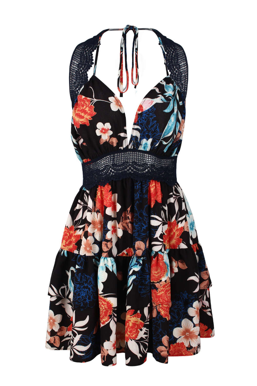 Iyasson Lace Inserts Halter Neck Floral Dress