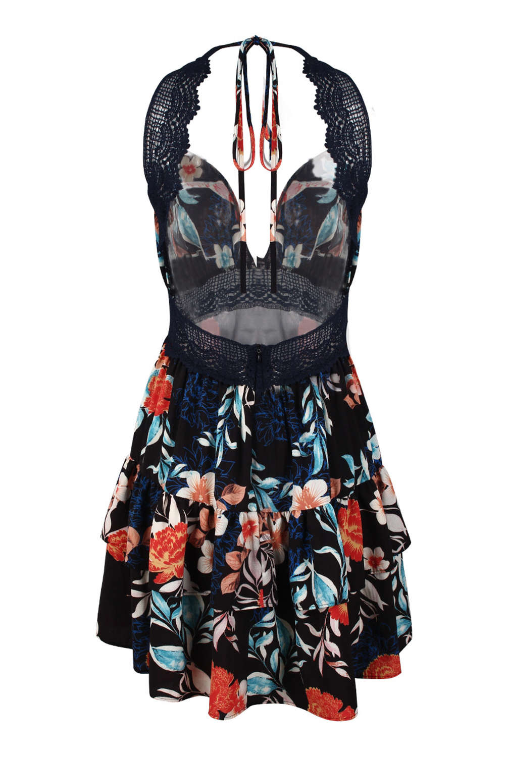 Iyasson Lace Inserts Halter Neck Floral Dress