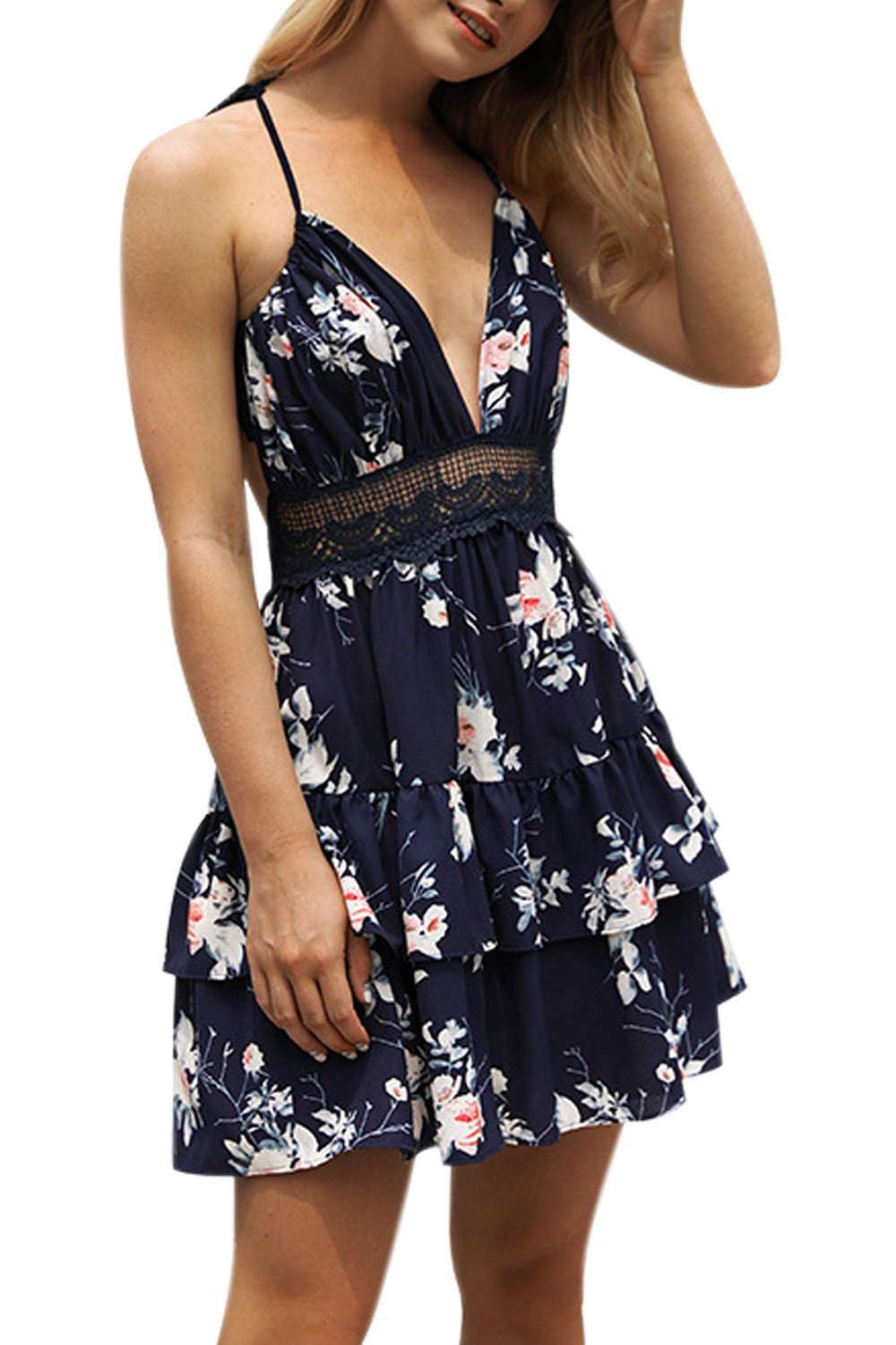 Iyasson Lace Inserts Halter Neck Floral Dress