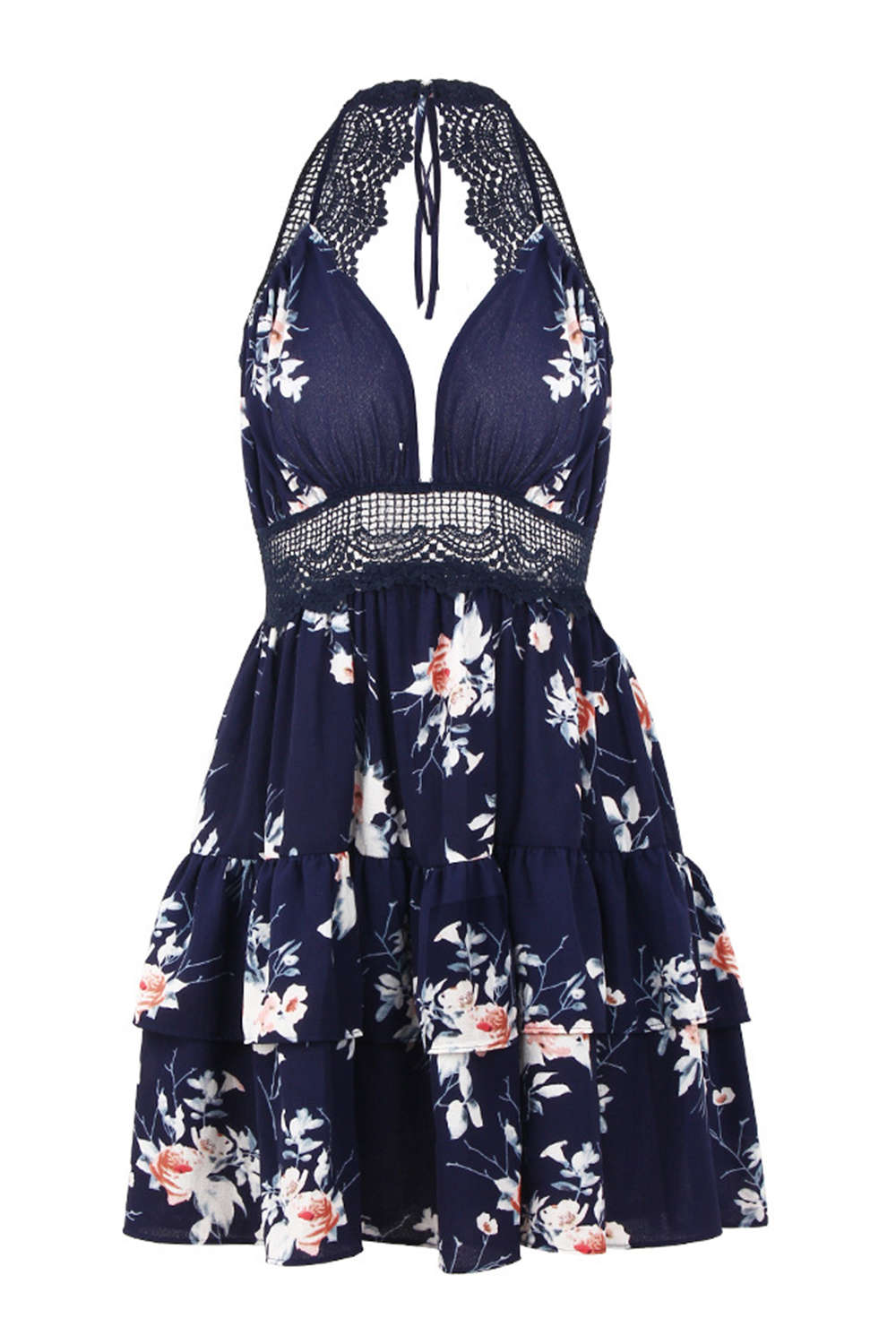 Iyasson Lace Inserts Halter Neck Floral Dress