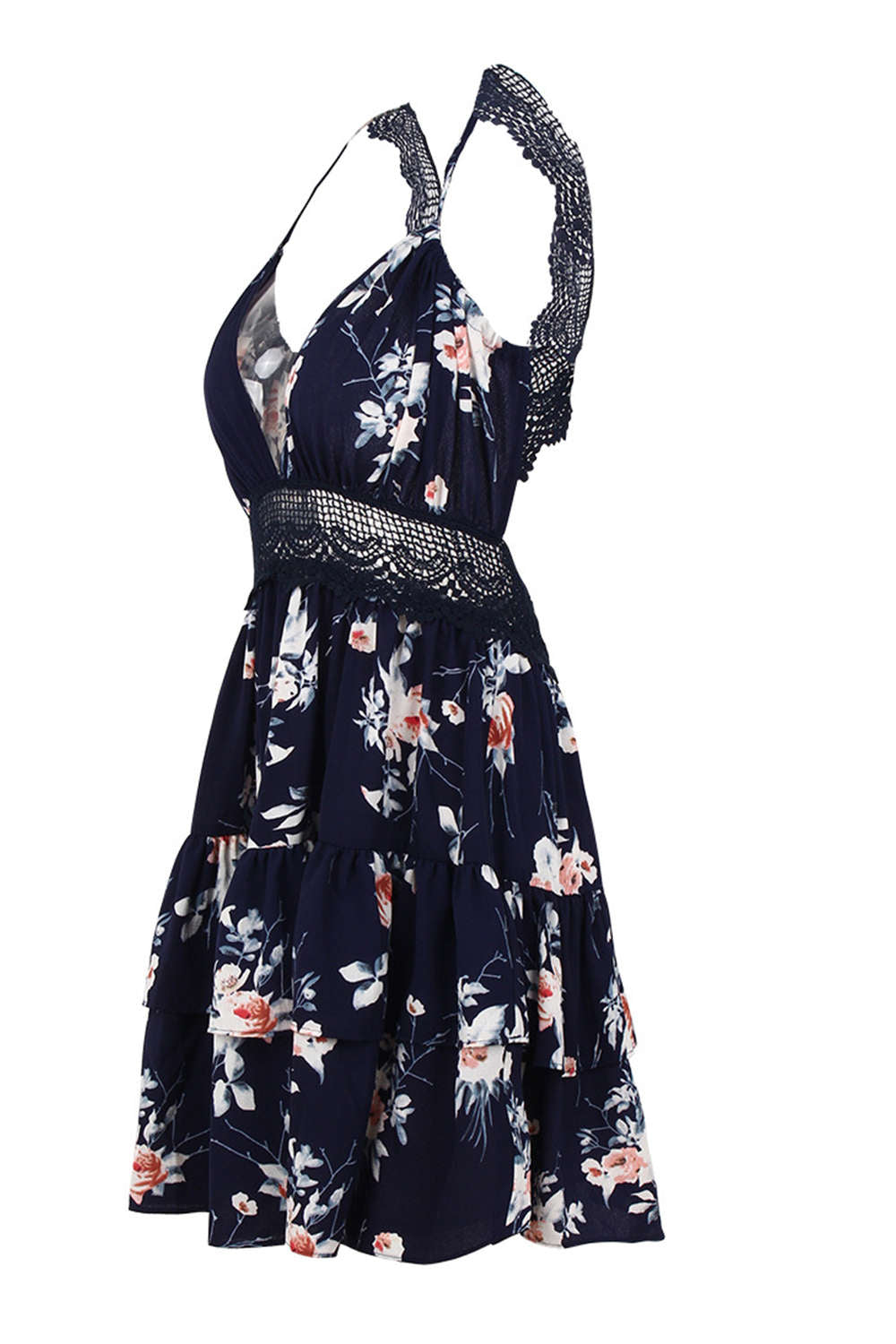 Iyasson Lace Inserts Halter Neck Floral Dress