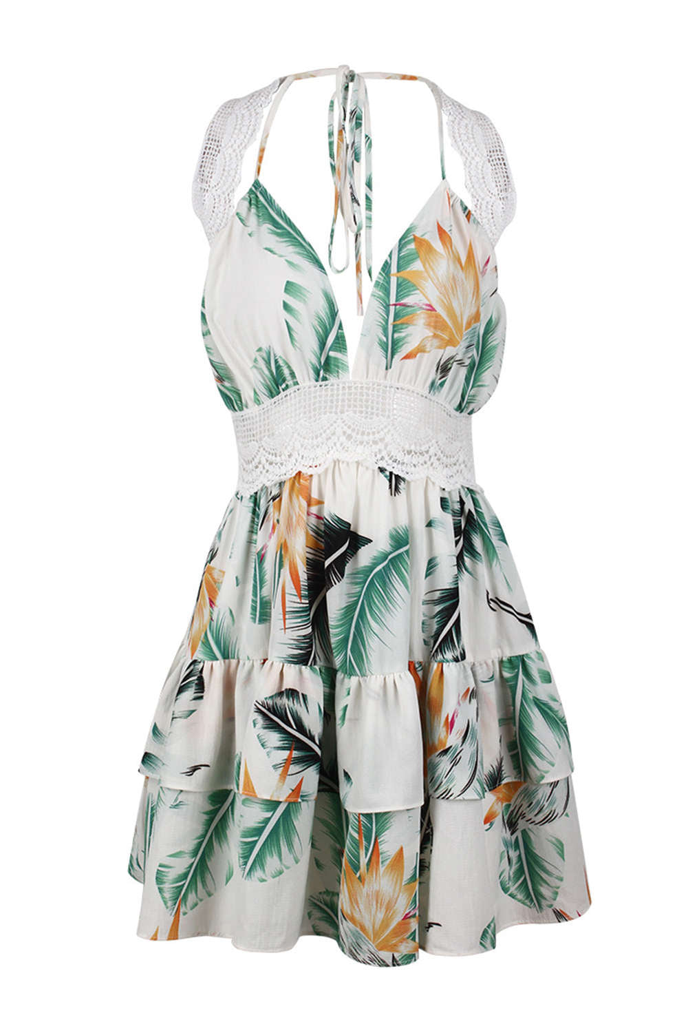 Iyasson Lace Inserts Halter Neck Floral Dress