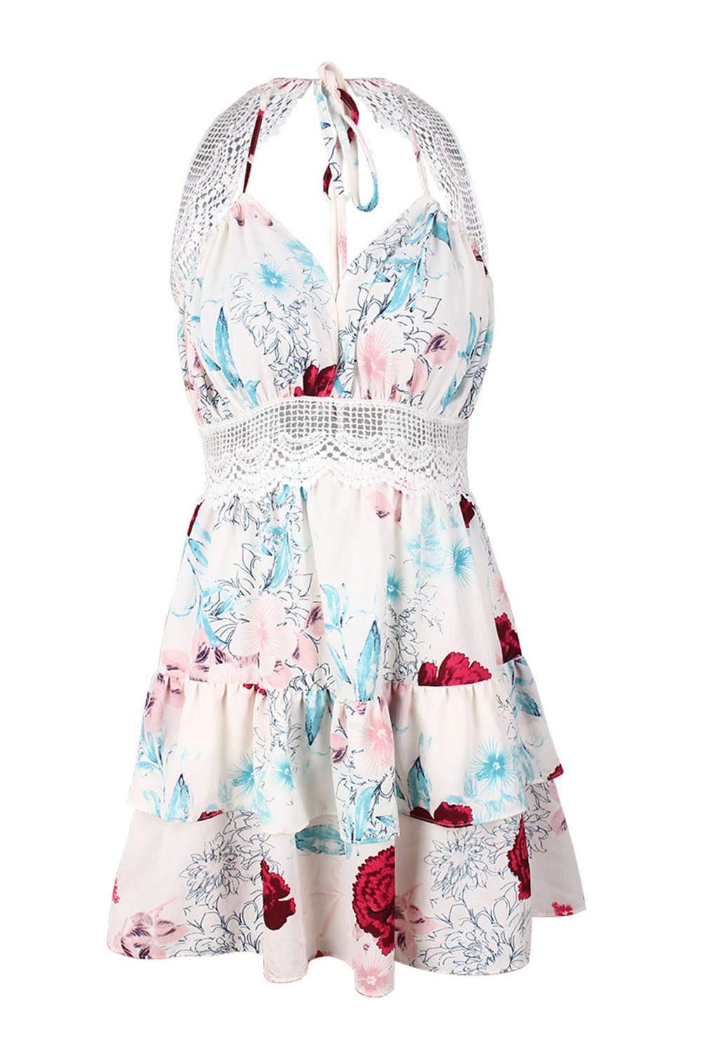 Iyasson Lace Inserts Halter Neck Floral Dress