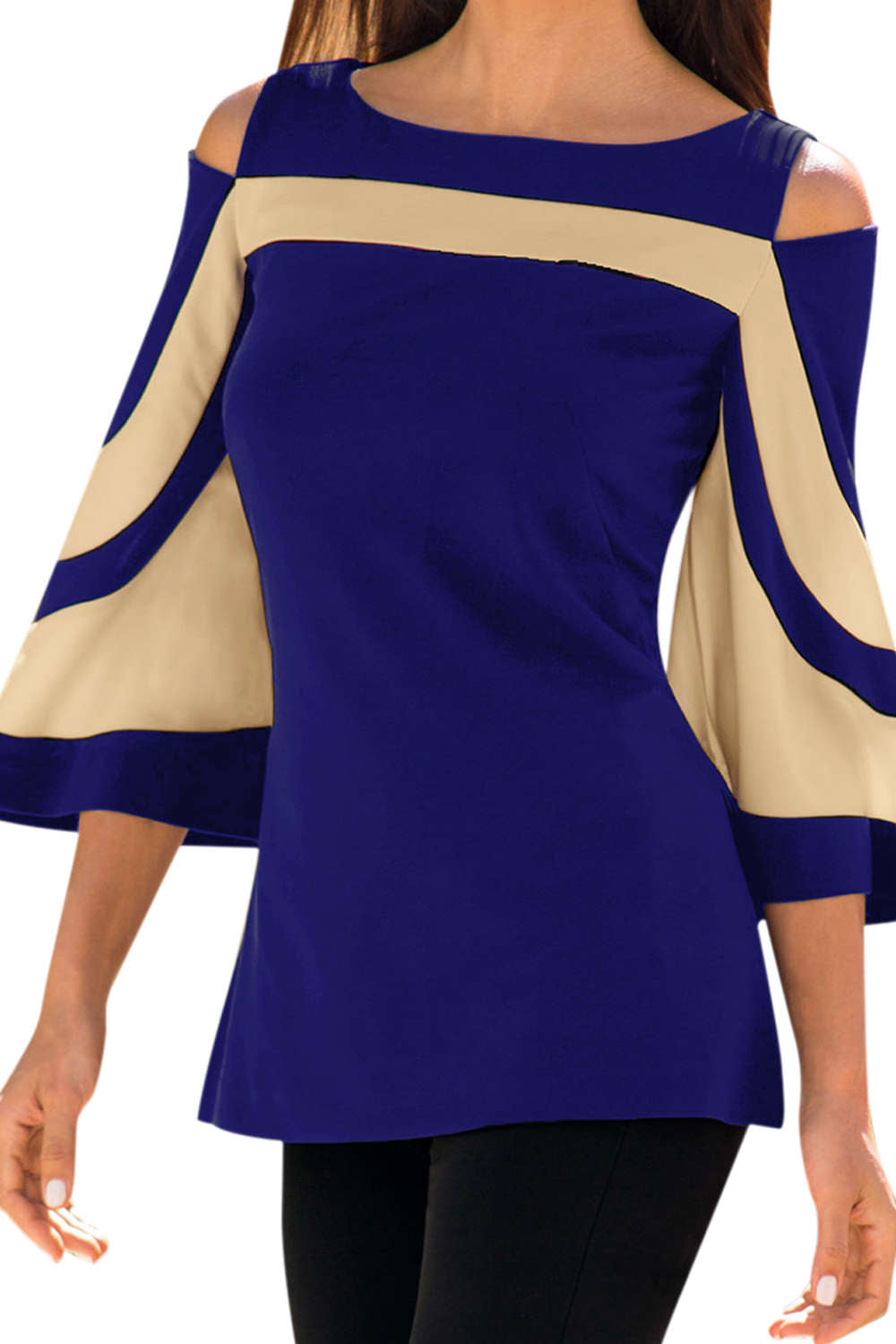 Iyasson Cold Shoulder Bell Sleeve Color Block Top