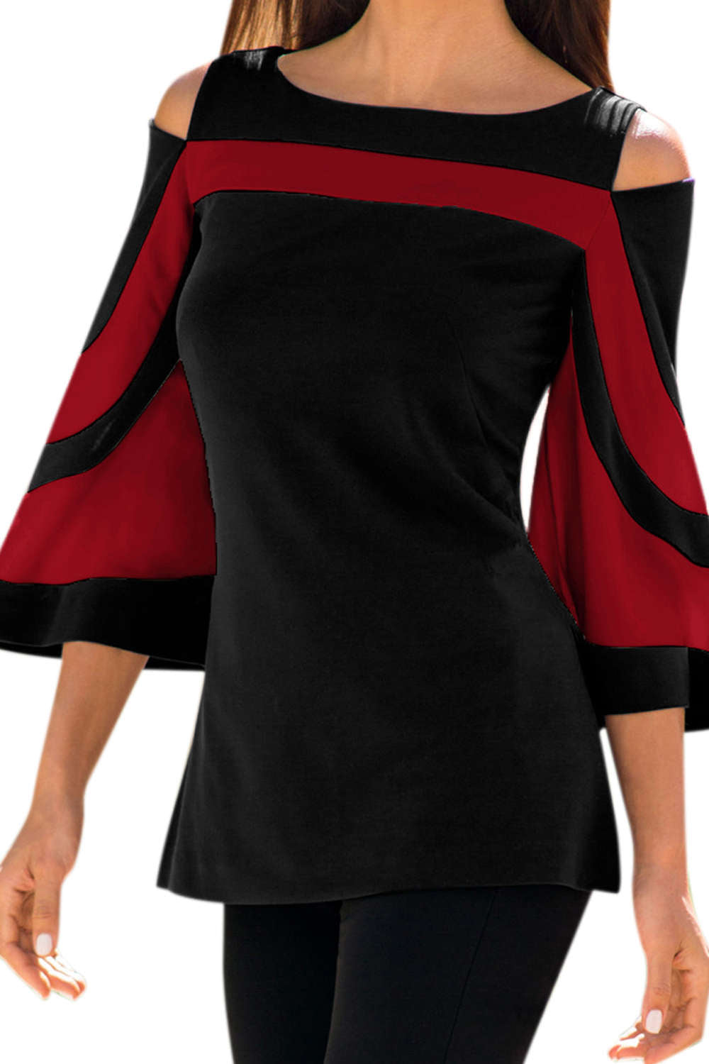 Iyasson Cold Shoulder Bell Sleeve Color Block Top