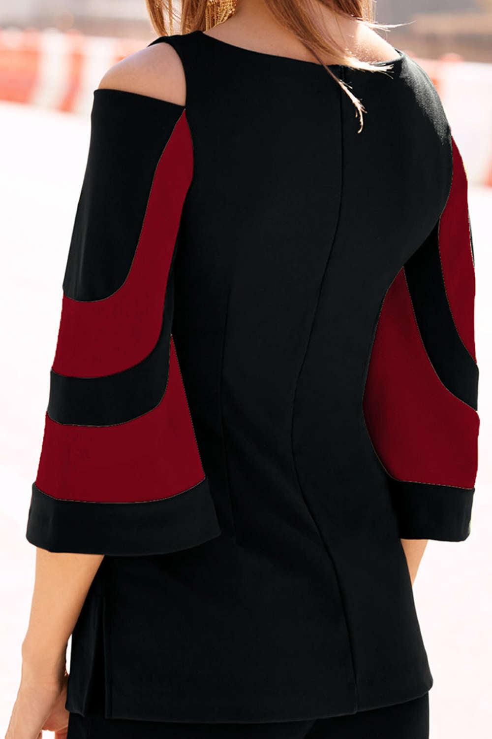 Iyasson Cold Shoulder Bell Sleeve Color Block Top