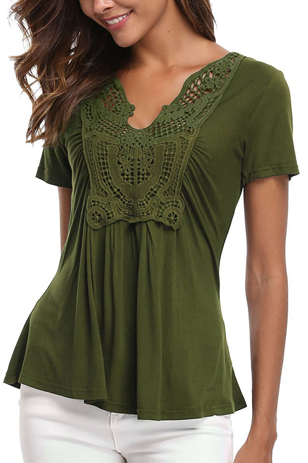 Iyasson Lace Panel V Neck Short Sleeve T Shirt
