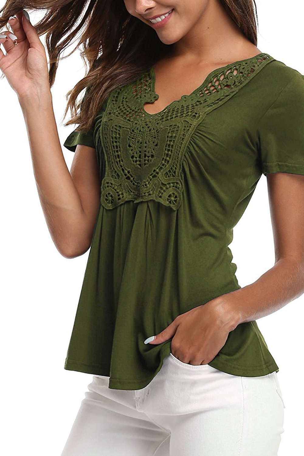 Iyasson Lace Panel V Neck Short Sleeve T Shirt
