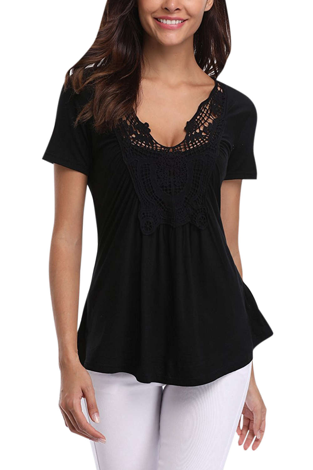 Iyasson Lace Panel V Neck Short Sleeve T Shirt