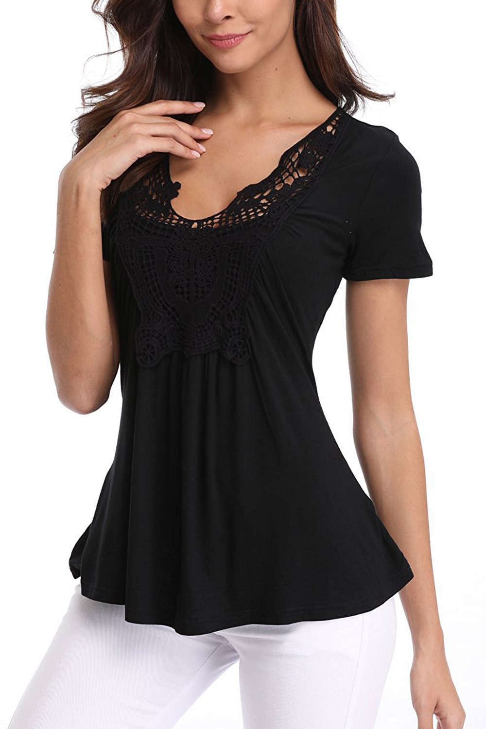 Iyasson Lace Panel V Neck Short Sleeve T Shirt