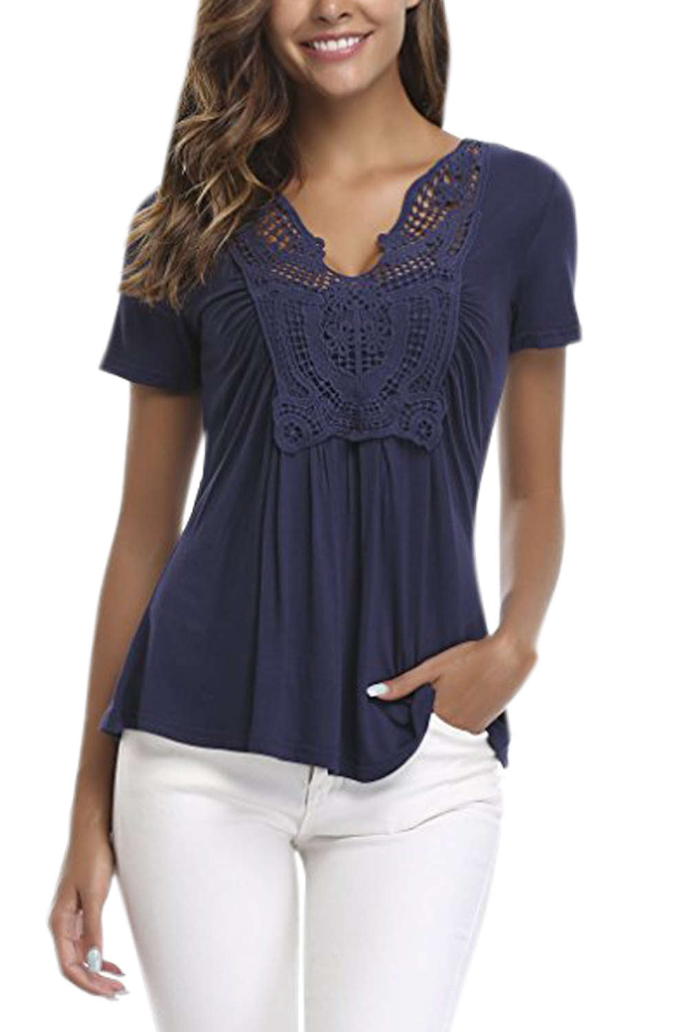 Iyasson Lace Panel V Neck Short Sleeve T Shirt