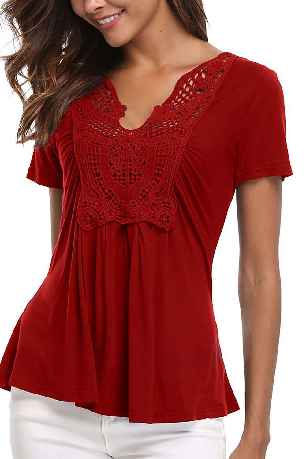 Iyasson Lace Panel V Neck Short Sleeve T Shirt