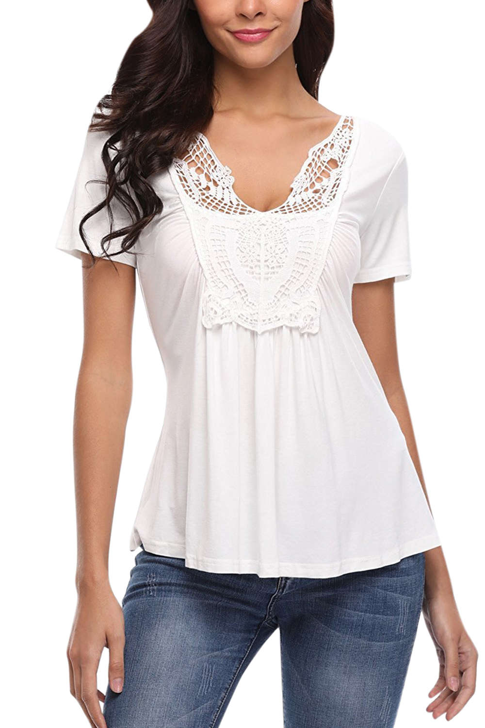 Iyasson Lace Panel V Neck Short Sleeve T Shirt